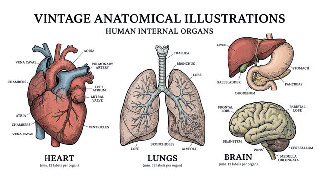 Vintage anatomical diagrams of human internal organs with labels