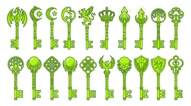 Fantasy magic key set with mystical symbols and ornaments