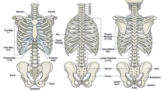 Human torso skeletal system with rib cage spine and pelvis diagrams