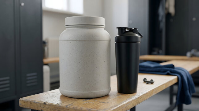 A large blank cylindrical concrete-textured supplement tub mockup next to a stainless steel shaker bottle on a wooden bench in a gym locker room