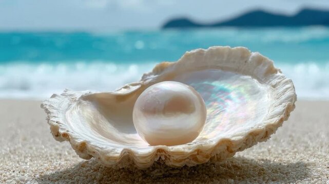 Close-up of a single white pearl resting inside an open seashell on sandy beach with turquoise ocean and blurred distant island horizon under bright sky