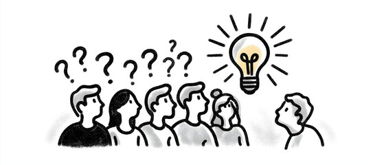 Fototapeta premium The Spark of Inspiration: A group of people looks up at a glowing lightbulb representing a brilliant idea, surrounded by question marks, symbolizing confusion and the search for an answer.