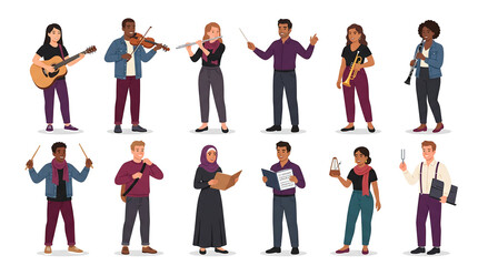 Obraz premium Set of Multiracial Music Students with Instruments and Sheet Music Vector Art on White