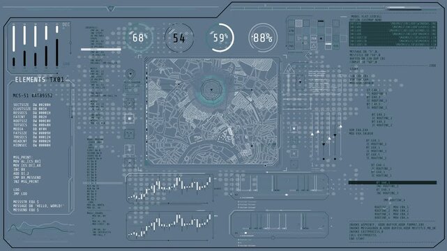 Animated high-tech interface with a map and program codes