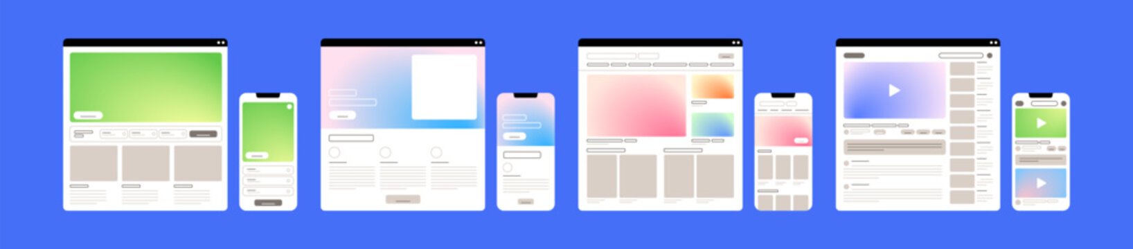 Website and mobile app page templates set. UI wireframe layouts for desktop and smartphone screens. Web site prototype design for phone application and desktop computer. Flat vector illustrations