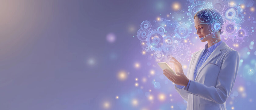 Futuristic Innovation: A woman in a lab coat interacts with a futuristic tablet, surrounded by glowing digital particles and intricate gear-like structures.