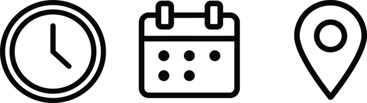 Calendar, clock, and location pin icons, Time, date and address icon set vector. Clock, calendar, location pin marker signs,