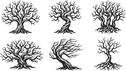 Obraz premium Six stylized black silhouette trees with intricate, gnarled branches and exposed roots on a white background