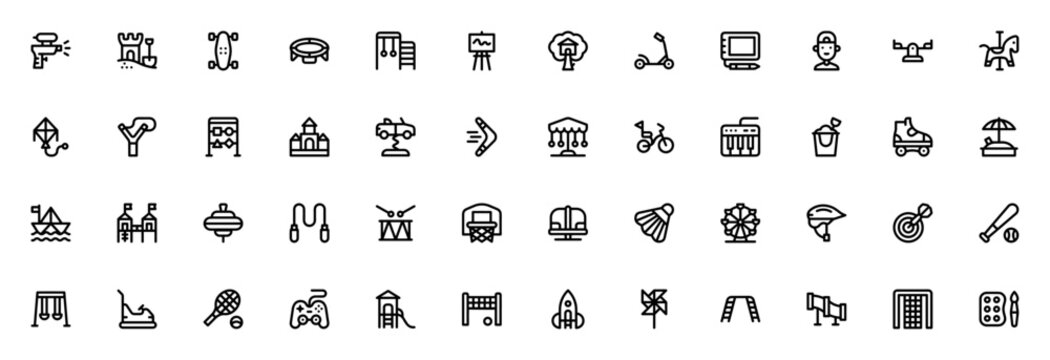 Kids Activities icon set. Children vector icon pack. Minimal line icons. Featuring water gun, sand castle, skateboard, trampoline, climbing, easel, treehouse and more. Editable stroke.
