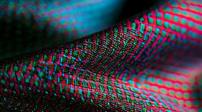 A macro image of the LCD display's subpixel surface, showing a red-green-blue stripe pattern