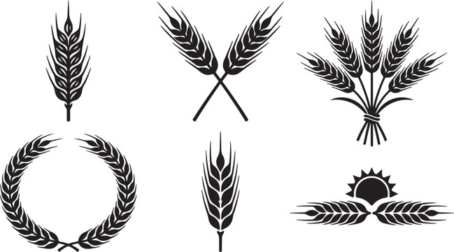 Collection of black silhouette of wheat ears, a laurel wreath, and a sun rising over wheat stalks