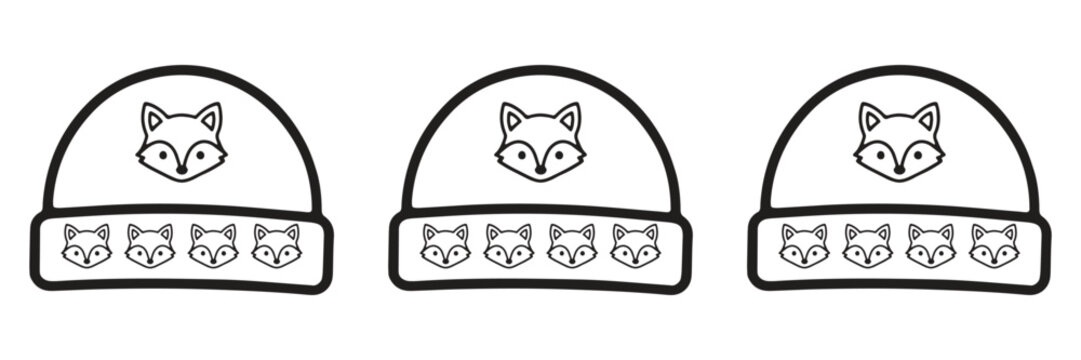 Set of three linear sketches depicting simple winter hats decorated with cute fox face illustrations arranged in a row on a plain white background design.