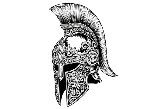 Ornate ancient Greek Spartan helmet with plume drawing.
