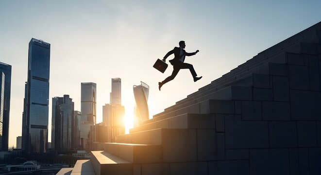Career growth and ambition concept, silhouette of a business person carrying a briefcase jumping upward between large block stairs