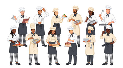 Fototapeta premium Set of Multiracial Culinary Students with Chef Gear and Kitchen Tools Vector Art on White