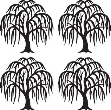 Four black silhouette weeping willow trees with cascading branches against a white background, arranged in a 2x2 grid