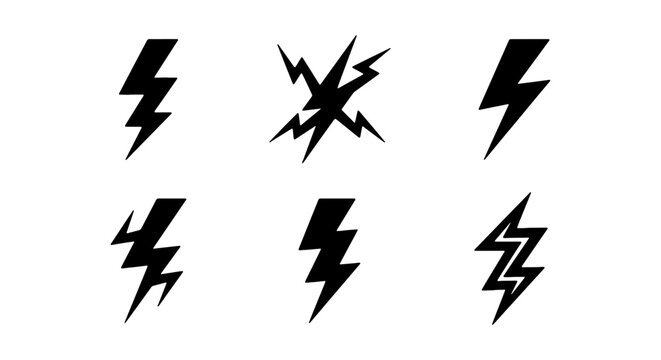 Lightning Bolt Icons, Electric Shock Symbols, Energy Flash Vector Graphics Set