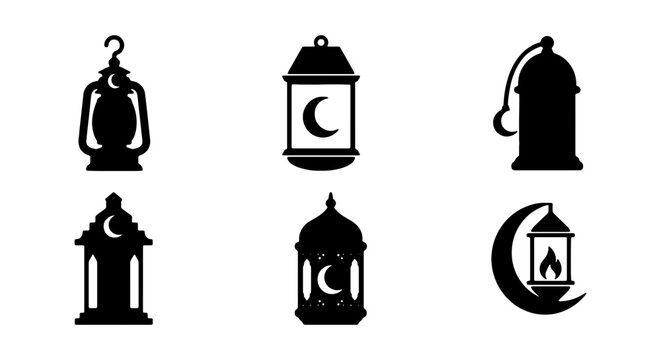 Ramadan Lantern Icons, Islamic Crescent Moon Symbols, Festive Arabic Illumination Vector Set
