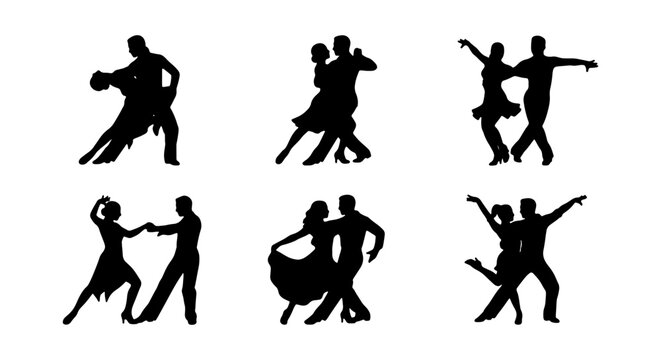 Ballroom Dance Silhouettes, Couple Dancing Poses, Elegant Movement Vector Set