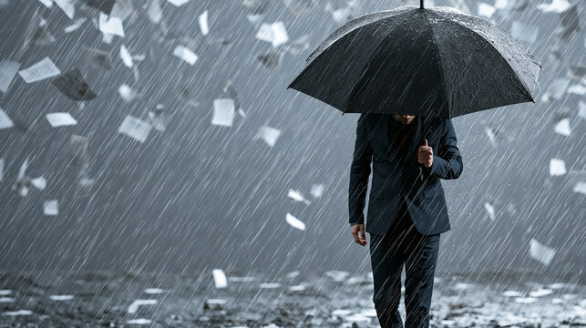 Person Holding Black Umbrella in Heavy Rain with Flying Papers
