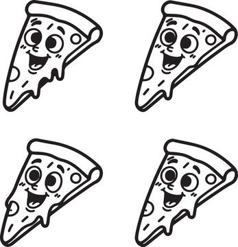 Four cartoon slices of pizza with happy faces, dripping cheese, and black outlines on a white background