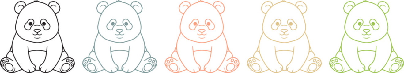 Cute panda bear line art collection, hand drawn vector set, colorful baby animal icons isolated on transparent background, simple doodle style graphic. © Parves