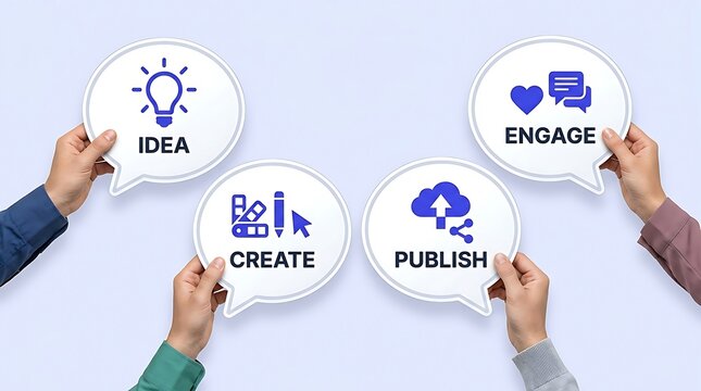 Four hands hold speech bubbles representing the content creation cycle: Idea, Create, Publish, and Engage with icons for brainstorming, design, and sharing.