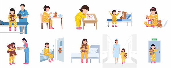 Fototapeta premium Sick little girl in pediatric hospital ward illustration set, child patient recovery with doctors and nurses, flat vector style