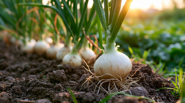 Row of White Onion Plants Emerging from Soil with Green Stems