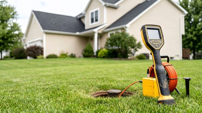 professional sewer line locating device on residential lawn during utility inspection
