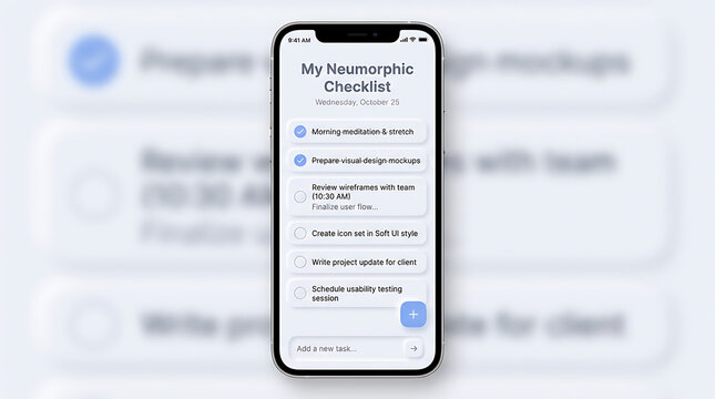 Neumorphic checklist app displayed on a smartphone screen showing task management