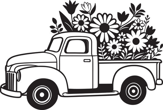 Black and white silhouette of a vintage pickup truck overflowing with stylized flowers and leaves