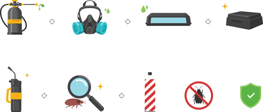 Pest Control and Bed Bug Extermination Icon Set with Sprayer Tank Respirator Mask Magnifying Glass Trap and Protection Symbols for Sanitary Designs