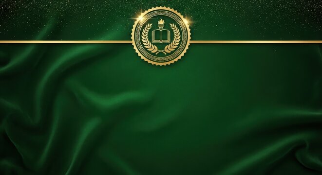 Luxury green silk background with golden emblem, diploma or certificate template, elegant fabric texture with copy space for text, premium award design