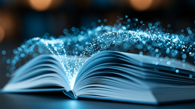 Digital glowing open book with floating particles and holographic light effects, futuristic knowledge and virtual information technology concept, defocused, with copy space