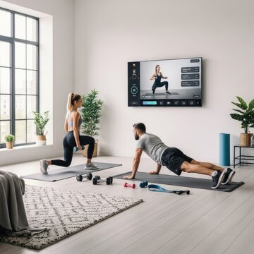 Couple performs bodyweight and dumbbell exercises together in a bright room while following an online fitness class on a wall mounted television