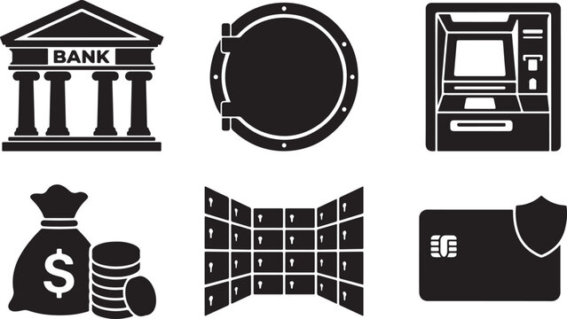 Collection of black representing banking and financial security bank building, vault door, atm, money bag, safe deposit boxes, and credit card with shield