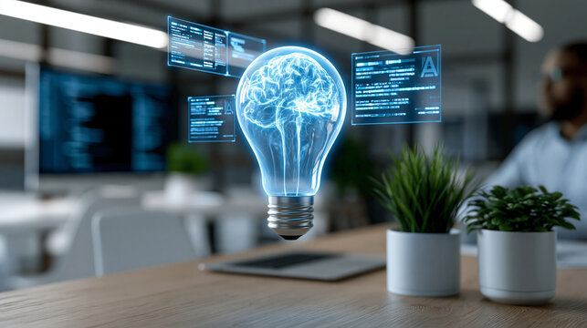 Artificial general intelligence concept in a modern office with a holographic lightbulb and floating panels displaying advanced AI capabilities and code generation, defocused,