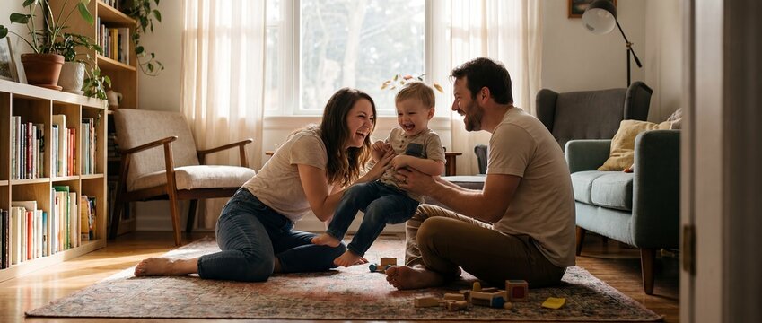 family child parents home happy playing together parenting love lifestyle Wide composition emphasizes environment and shared activity Parents laugh and play with their young child on the living room