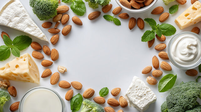 Flat Lay Border of Almonds Dairy Vegetables and Herbs on White Background