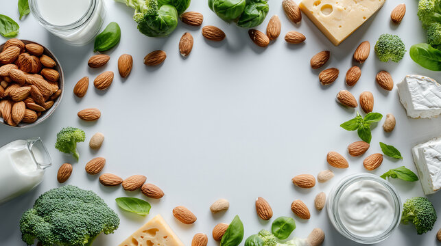 Healthy Food Frame with Almonds Cheese Milk Broccoli and Greens
