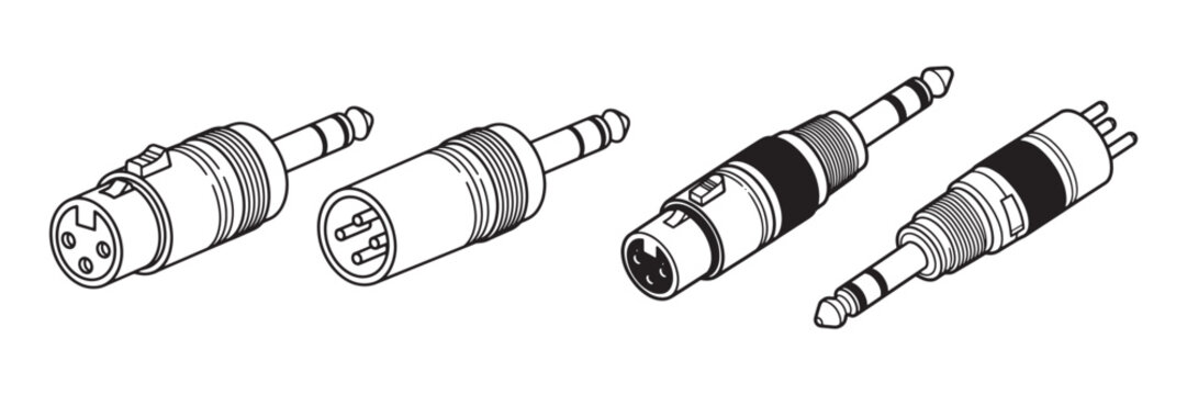 Set of various audio connectors and adapters, including XLR and TRS jacks, depicted in a clean line art style.