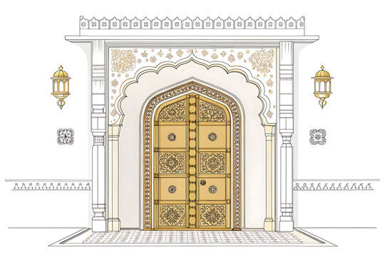 Grand Rajasthan palace doorway featuring traditional arch frame, ornate brass embellishments, geometric motifs, minimalist vector illustration, flat colors, clean lines, premium architectural artwork,