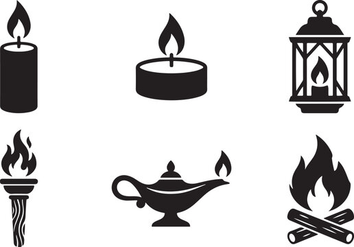 Collection of six black silhouette representing different light sources: candle, tea light, lantern, torch, oil lamp, and campfire