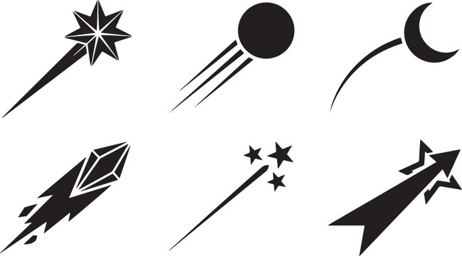Collection of six stylized black representing celestial bodies and abstract motion, on a white background