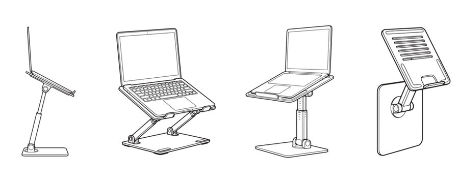 Adjustable laptop stands of various designs and angles for ergonomic viewing and typing, made from metal and plastic materials for desk use.