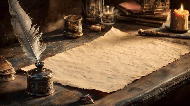 Vintage Writing Scene with Blank Aged Paper Ink Pot and Feather Pen