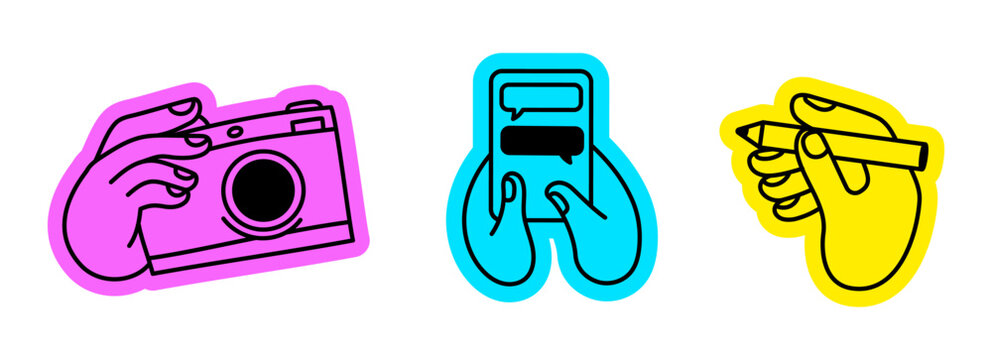 Vector simple linear illustrations, hands and gestures, hand drawn illustrations, hand holding pencil, craft or creative work concept, graphic designer, creative class
