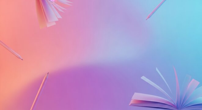Creative background with open books and pencils floating in the air, soft gradient lighting in pastel pink and blue tones, minimalist education concept