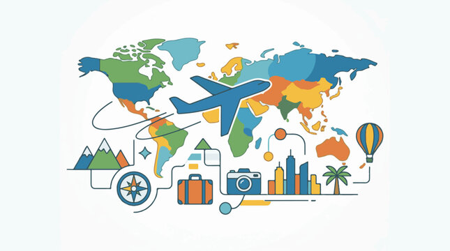 Colorful world map with airplane and travel icons